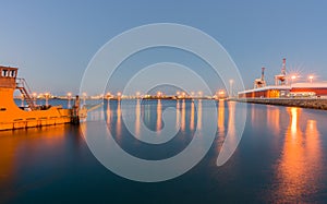 Tauranga Harbour, the yellow barge, container wharf facility and wharves across the harbour