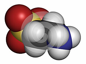 Taurine (2-aminoethanesulfonic acid) molecule. Common ingredient of energy drinks and nutritional supplements. 3D rendering. Atoms