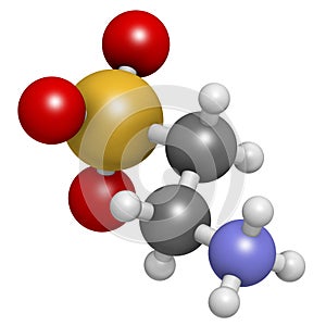 Taurine (2-aminoethanesulfonic acid) molecule. Component of human body, essential for skeletal muscle functioning. Atoms are