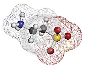 Taurine 2-aminoethanesulfonic acid molecule. Component of human body, essential for skeletal muscle functioning. Atoms are.