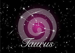 Taurus zodiac constellations sign on beautiful starry sky with galaxy and space behind. Taurus horoscope symbol constellation