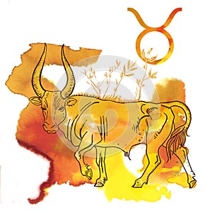 Taurus symbol. Horned bull on a bright orange and yellow watercolor splash texture. Astrology, fortune telling