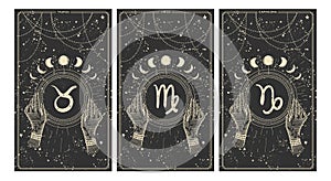 Taurus, virgo, capricorn, earth element zodiac signs, set of astrology cards for stories, horoscope banner, vintage art style.