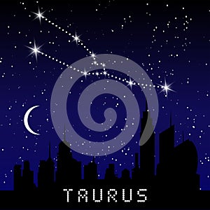 Taurus zodiac constellations sign on beautiful starry sky with galaxy and space behind. Taurus horoscope symbol constellation on d