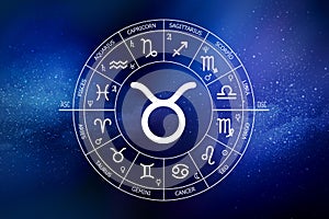 Taurus zodiac sign. Abstract night sky background. Taurus icon on blue space background