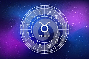 Taurus zodiac sign. Abstract night sky background. Taurus icon on blue space background