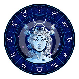 Taurus zodiac sign artwork, beautiful girl face, horoscope symbol, star sign, vector illustration