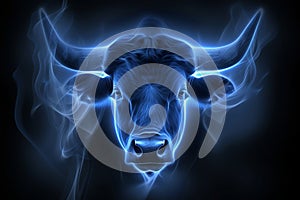 Taurus zodiac sign shining brightly with a blue aura, isolated on a captivating black background