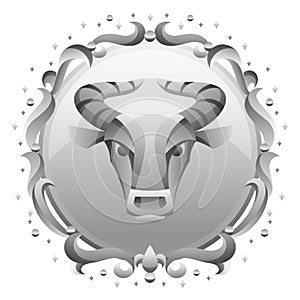 Taurus zodiac sign with silver frame. Horoscope symbol.