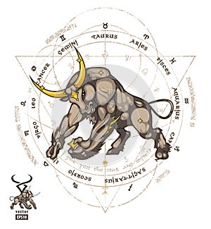 Taurus zodiac Sign in the zodiac circle with the designation of 12 zodiac signs photo