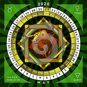 Taurus zodiacal circle caledar of year 2020 with features