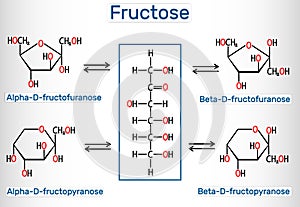 Tautomeric forms of D-Fructose. Alpha-D-fructofuranose, beta-D-fructofuranose, alpha-D-fructopyranose, beta-D-fructopyranose.