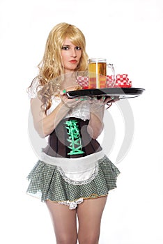Tavern Waitress With Beer Mug on White Background