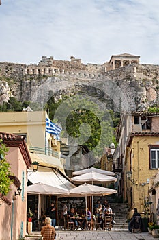 Tavernas in ancient residential district of Plaka in Athens Greece