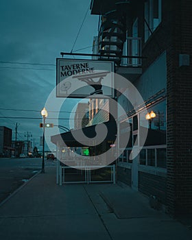 Taverne Modern vintage sign at night, Shawinigan, Quebec, Canada