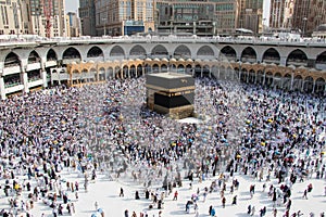 Tawaf. Crowd of pilgrims circumambulate around Kaaba. Saudi Arabia - Mecca