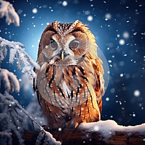 Tawny Owl snow covered in snowfall during winter snowy forest in background nature habitat. Wildlife scene from Slovakia