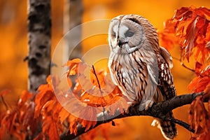 Tawny Owl Strix aluco sitting on a branch in autumn forest, Autumn in nature with owl. Ural Owl, Strix uralensis, sitting on tree