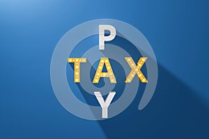 Tax concept of crosswords pay with neon light billboards on blue background and taxes. Invoice of chargeback. Realistic 3D render