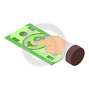 Tax concept icon isometric vector. Pointing hand gesture and one dollar banknote