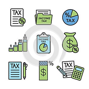 Tax concept with percentage paid, icon and income idea. Flat vector outline illustration