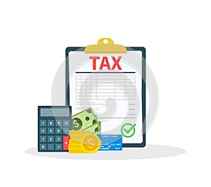 Tax. Concept tax payment. Data analysis, paperwork, financial research report and calculation of tax return. Payment of