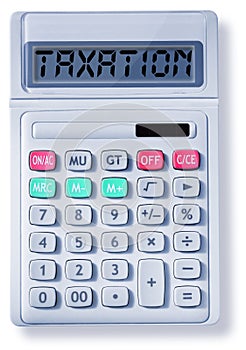 Tax concept with white calculator isolated on white backgrond and taxation text