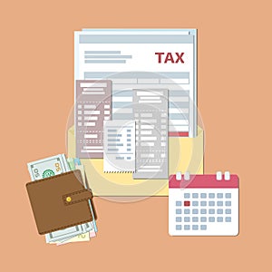 Tax day design. Payment State taxes and invoices. Open envelope with tax, checks, bills, purse with money, calendar with red