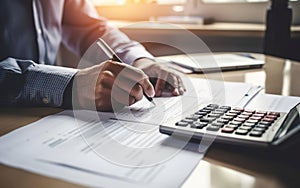 Tax day poster. Man sitting at wooden office table, holding pen, filling in forms and calculating taxes. AI Generative