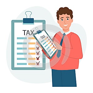 Tax declaration illustration. Character male preparing documents for tax calculation, making income tax return