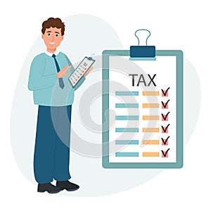 Tax declaration illustration. Character male preparing documents for tax calculation, making income tax return. Taxation concept.