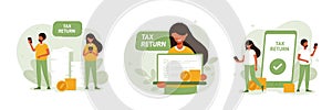 Tax declaration illustration set. Accountant appointment, filing the taxes, money refund abstract metaphor. Characters