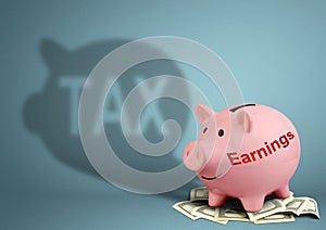 Tax and earnings concept, Piggy bank with shadow