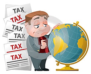 Tax evasion. Sad man looking for a place on the globe