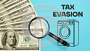 Tax evasion is shown using the text and photo of dollars and picture of washing machine