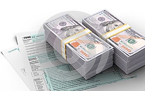 Tax-filing concept. US dollars featuring half of U.S IRS 1040 form
