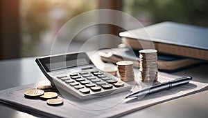 Tax form, Calculator, few coins, papers money, book, tax form, and pen on table