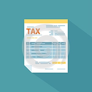 Tax form icon with a long shadow. Unfilled minimalistic paper document. Government, State taxes. Payment of tax, accounts, bills