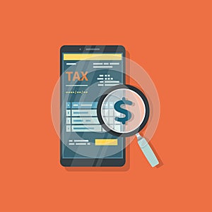 Tax form on the phone screen with magnifying glass. Online tax mobile payment via smartphone. Inspection and study of pay.