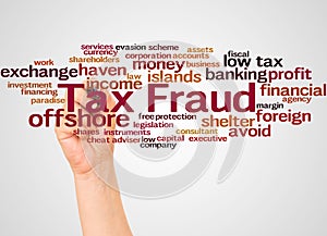 Tax fraud word cloud and hand with marker concept