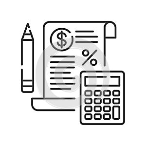 Tax government calculation  black line icon. Report and financial statements. Bookkeeping and accounting