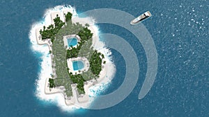 Tax haven, financial or wealth evasion on a Bitcoin shaped island. A luxury boat is sailing to the island. photo