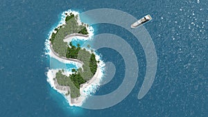 Tax haven, financial or wealth evasion on a dollar island. A luxury boat is sailing to the island.