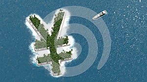 Tax haven, financial or wealth evasion on a Yen shaped island. A luxury boat is sailing to the island. photo