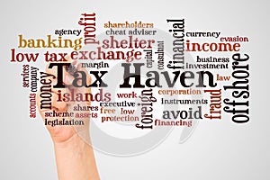 Tax Haven word cloud and hand with marker concept