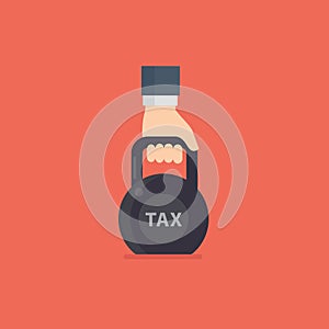 Tax Illustration. Taxation. People hand holding black kettlebell with word tax