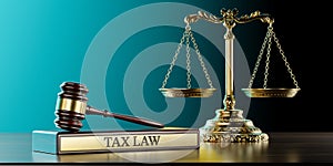 Tax Law: Judge's Gavel as a symbol of legal system, Scales of justice and wooden stand with text word