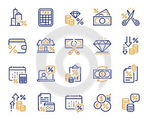 Tax line icons. Mortgage rate, Money credit and finance payroll. Vector