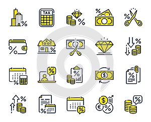 Tax line icons. Mortgage rate, Money credit and finance payroll. Vector