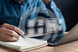 TAX online payment concept. allowance taxes, payment, calculating finance, tax accounting, statistics and data analytic research,